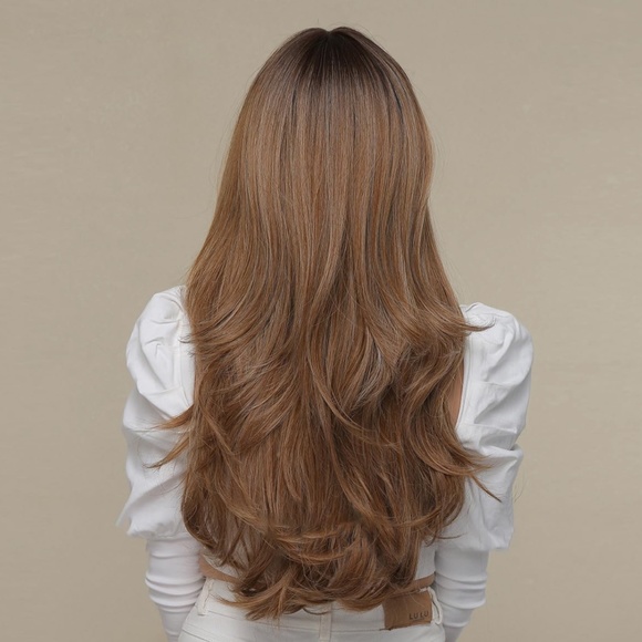 24" Long Curly Wavy Brown Ombre Wig Bangs Glueless Cosplay Costume LC8074-4 - Picture 2 of 8